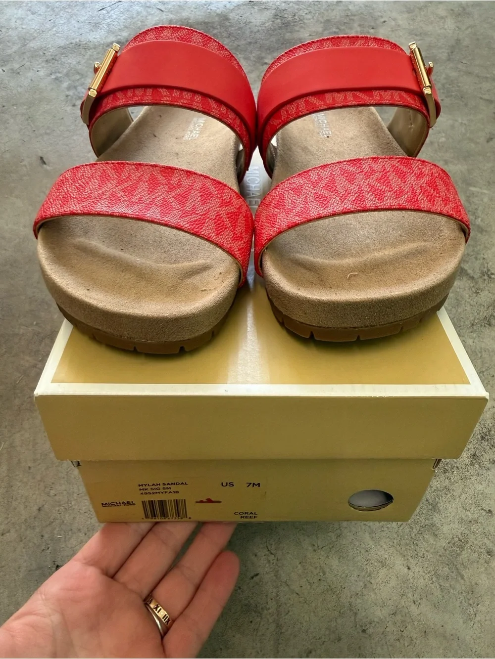Michael Kors Red MYLAH SANDAL Dual-Strap Slide Sandals with Gold Buckles NWT